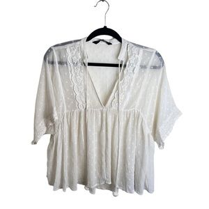 𝅺Zara Ivory Sheer and Lace Babydoll Blouse